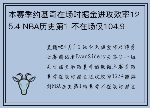 本赛季约基奇在场时掘金进攻效率125.4 NBA历史第1 不在场仅104.9